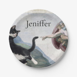 Tuxedo Kat die de goddelijke poot aanraakt Papieren Bordje