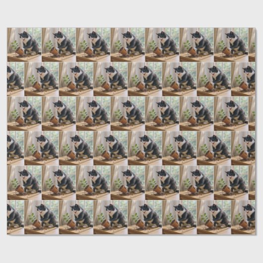 Tuxedo Kat die een Potted House Plant omver werpt Cadeaupapier (Vlak)