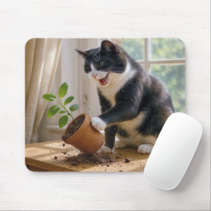 Tuxedo Kat die een Potted House Plant omver werpt Muismat