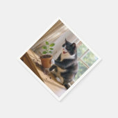 Tuxedo Kat die een Potted House Plant omver werpt Servet (Hoek)