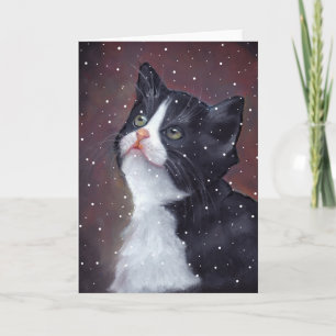 Tuxedo-kat die naar sneeuwvlokken kijkt, kunst feestdagen kaart
