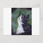 Tuxedo-kat die op sneeuwvlokken kijkt, schildert briefkaart (Voorkant)