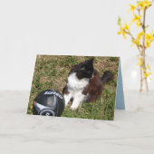 Tuxedo-kat die voetbal speelt, schattige zwarte ka kaart (Gele Bloem)