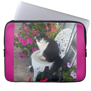 Tuxedo Kat Donkerroze Roze Katten en Bloemen Laptop Sleeve