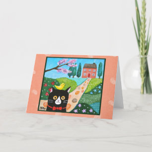 Tuxedo Kat en Kleine Gele Vogel Mooie volkskunst Kaart