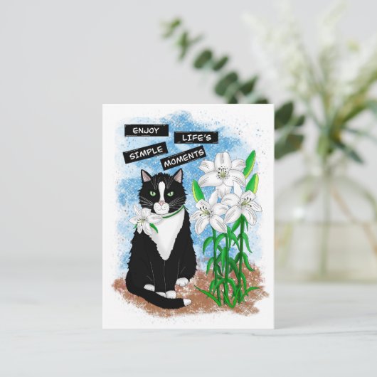 Tuxedo Kat en Lelies | Inspirerend prijsopgave Briefkaart (Staand voorkant)