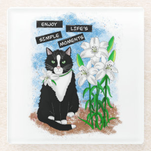 Tuxedo Kat en Lelies   Inspirerend prijsopgave Glazen Onderzetter