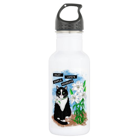 Tuxedo Kat en Lelies | Inspirerend prijsopgave Waterfles (Voorkant)