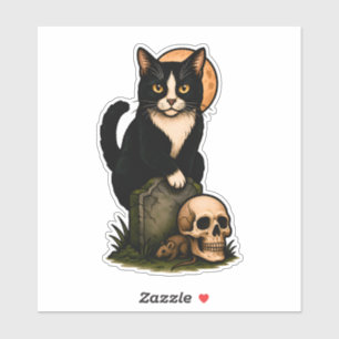 Tuxedo Kat en Schedel – Cute Gotische Grafsteen On Sticker