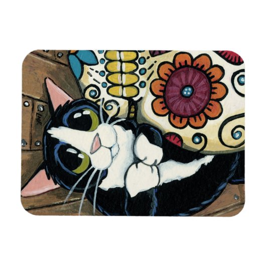 Tuxedo kat en suiker schedel illustratie magneet (Horizontaal)