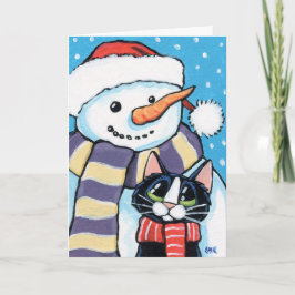 Tuxedo kat en wortel neus sneeuwman schilderij feestdagen kaart