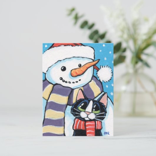 Tuxedo kat en wortel neus sneeuwman schilderij feestdagenkaart (Staand voorkant)