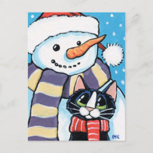 Tuxedo kat en wortel neus sneeuwman schilderij feestdagenkaart