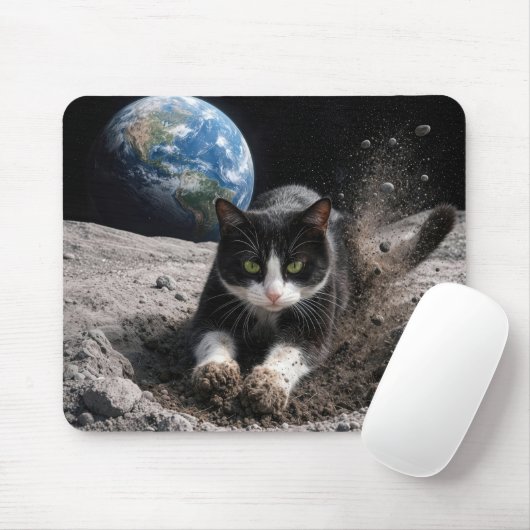 Tuxedo Kat Graaft een Maankrater Muismat (Met muis)