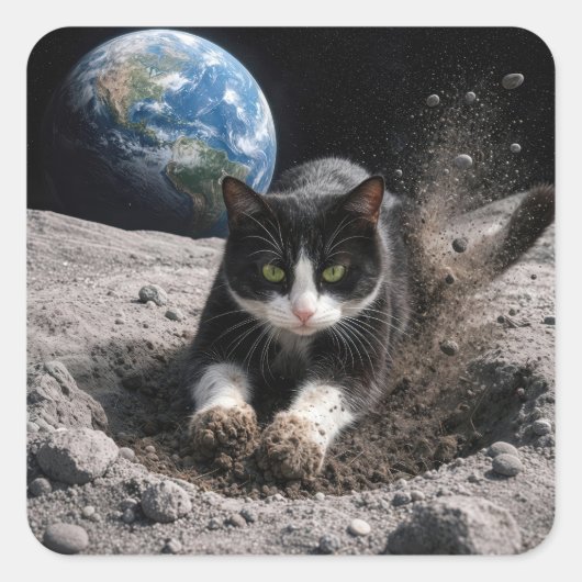 Tuxedo Kat Graaft een Maankrater Vierkante Sticker (Voorkant)
