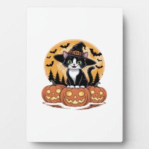 Tuxedo Kat Halloween Heks Schattige Pompoenen Esse Fotoplaat