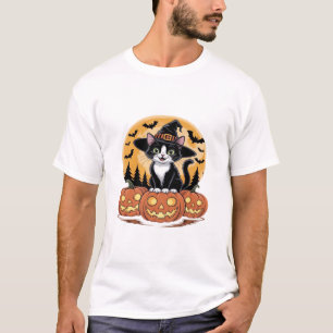 Tuxedo Kat Halloween Heks Schattige Pompoenen Esse T-shirt