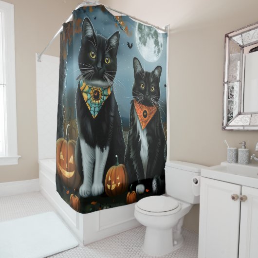 Tuxedo Kat Halloween Spoken Douchegordijn (In situ)
