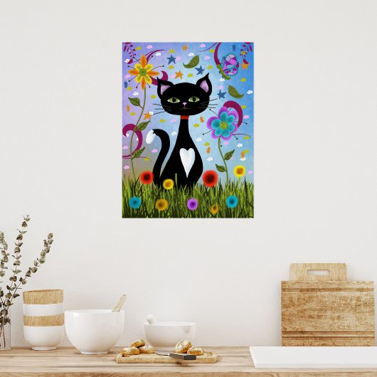 Tuxedo-kat in een tuin poster (Keuken)