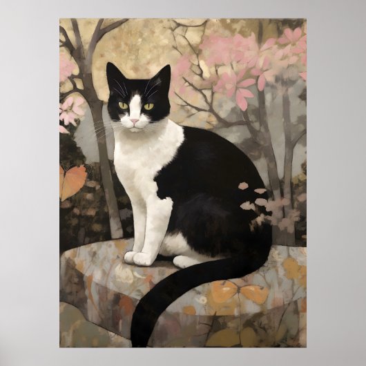 Tuxedo Kat in een Tuin Poster (Voorkant)