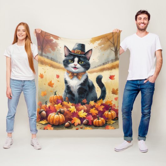 Tuxedo Kat in herfstbladeren Thanksgiving Kunst Fleece Deken (In situ)