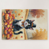 Tuxedo Kat in herfstbladeren Thanksgiving Kunst Legpuzzel (Horizontaal)