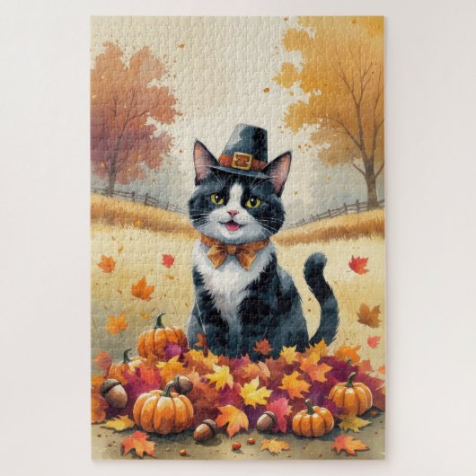 Tuxedo Kat in herfstbladeren Thanksgiving Kunst Legpuzzel (Verticaal)
