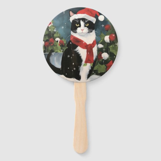 Tuxedo Kat in Kerstsneeuw Handwaaier (Voorkant)