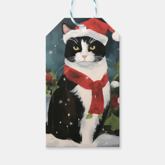 Tuxedo Kat in Sneeuw Kerstmis Cadeaulabel (Voorkant)