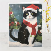 Tuxedo Kat in Sneeuw Kerstmis Kaart (Gele Bloem)