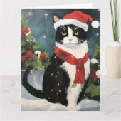 Tuxedo Kat in Sneeuw Kerstmis Kaart (Voorkant)