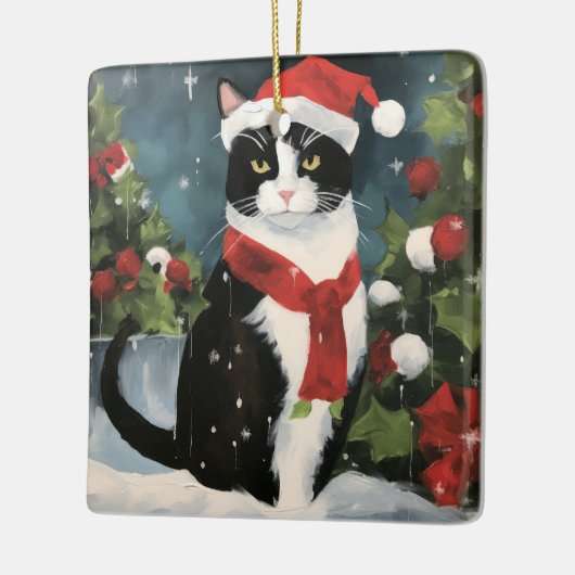 Tuxedo Kat in Sneeuw Kerstmis Keramisch Ornament (Links)