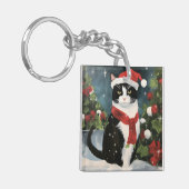 Tuxedo Kat in Sneeuw Kerstmis Sleutelhanger (Voorkant Links)