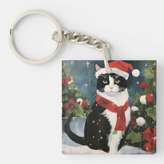Tuxedo Kat in Sneeuw Kerstmis Sleutelhanger (Voorkant)