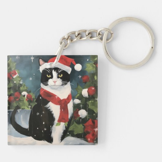 Tuxedo Kat in Sneeuw Kerstmis Sleutelhanger (Achterkant)