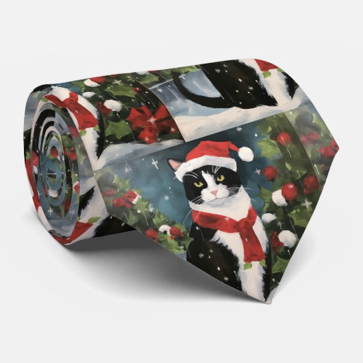 Tuxedo Kat in Sneeuw Kerstmis Stropdas (Opgerold)