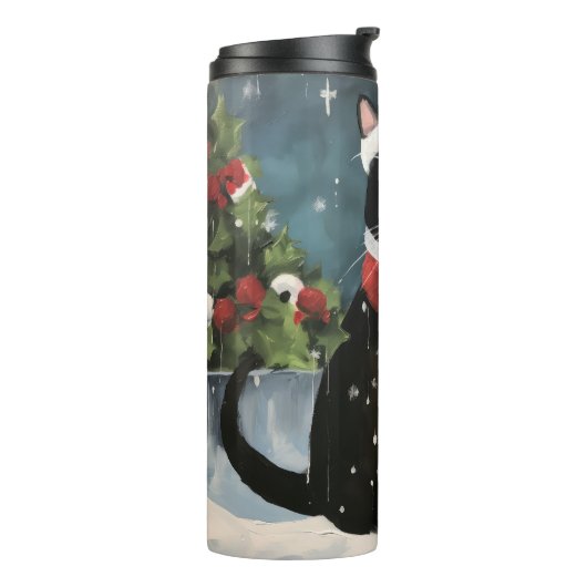 Tuxedo Kat in Sneeuw Kerstmis Thermosbeker (Gedraaid links)