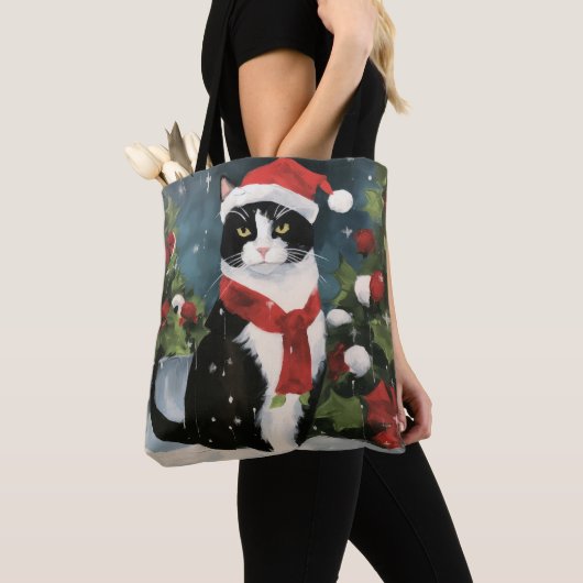 Tuxedo Kat in Sneeuw Kerstmis Tote Bag (Dichtbij)