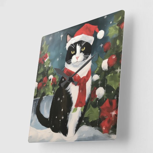 Tuxedo Kat in Sneeuw Kerstmis Vierkante Klok (Hoek)