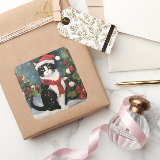 Tuxedo Kat in Sneeuw Kerstmis Vierkante Sticker (Geschenken)