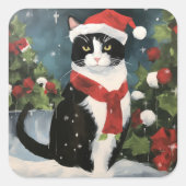 Tuxedo Kat in Sneeuw Kerstmis Vierkante Sticker (Voorkant)