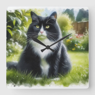 Tuxedo Kat in Tuin Aquarel Wandklok