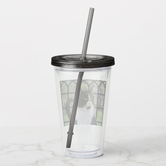 Tuxedo Kat In Venster Schilderen Originele Dierenk Acryl Drinkbeker (Achterkant)