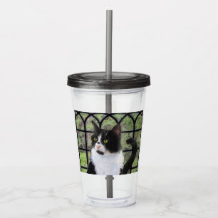 Tuxedo Kat In Venster Schilderen Originele Dierenk Acryl Drinkbeker