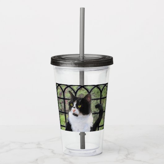 Tuxedo Kat In Venster Schilderen Originele Dierenk Acryl Drinkbeker (Voorkant)