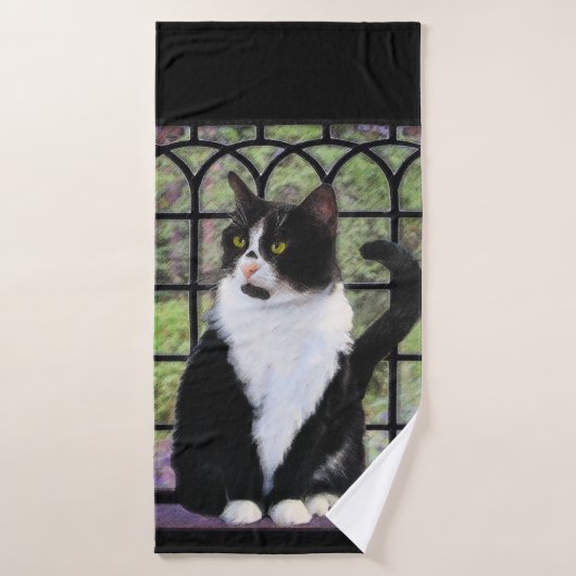 Tuxedo Kat In Venster Schilderen Originele Dierenk Bad Handdoek (Badhanddoek)