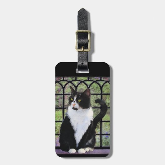 Tuxedo Kat In Venster Schilderen Originele Dierenk Bagagelabel (Voorkant verticaal)