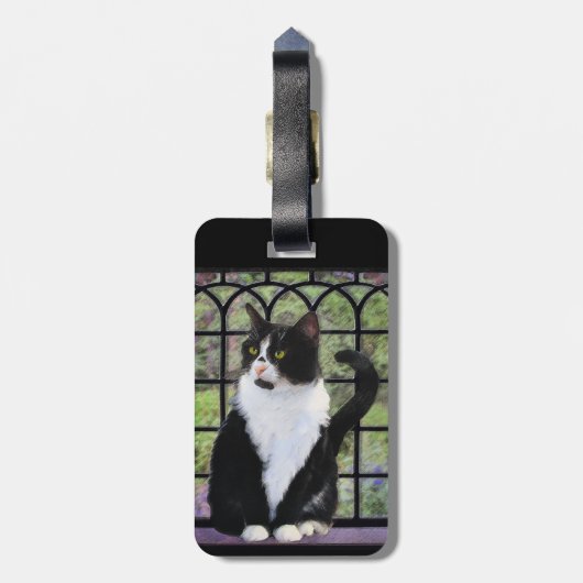 Tuxedo Kat In Venster Schilderen Originele Dierenk Bagagelabel (Achterkant verticaal)