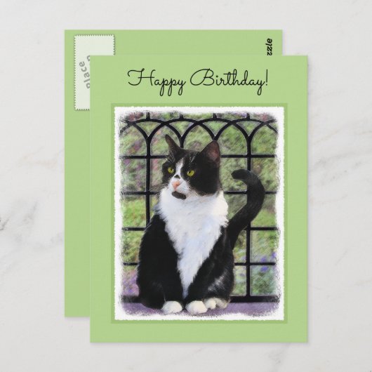 Tuxedo Kat In Venster Schilderen Originele Dierenk Briefkaart (Voorkant / Achterkant)