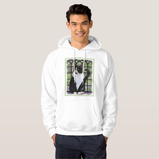 Tuxedo Kat In Venster Schilderen Originele Dierenk Hoodie (Voorkant volledig)
